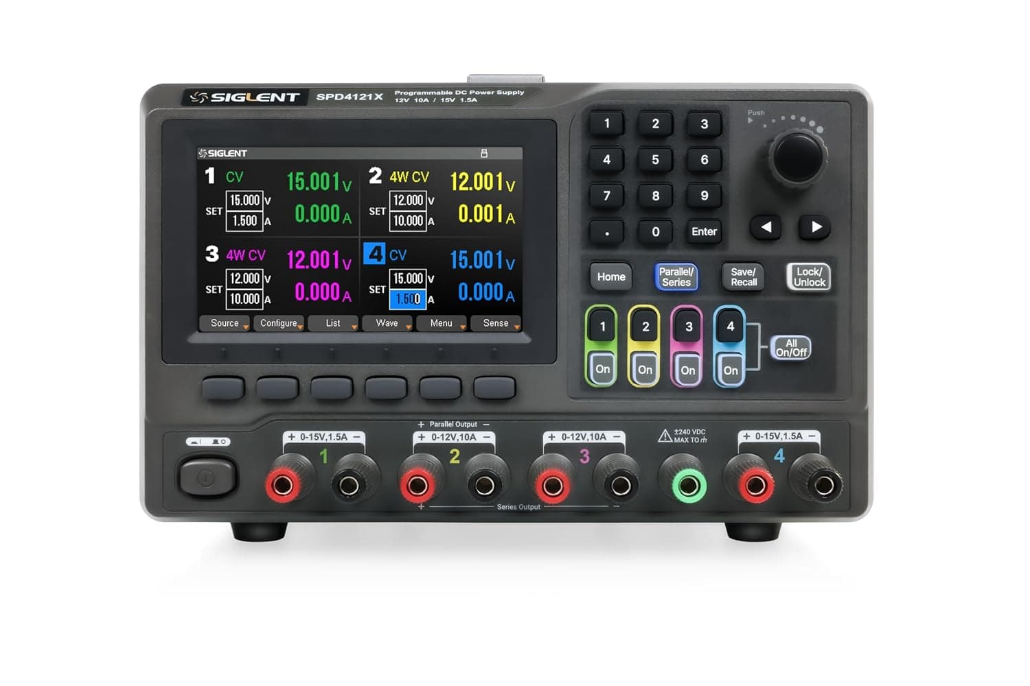 Siglent SPD4121X DC Power Supply, 15V/10A, 285 W, 1 mV/1 mA, 4 Channels, Equipped with a 4.3-inch TFT-LCD Display (480 * 272 Resolution)