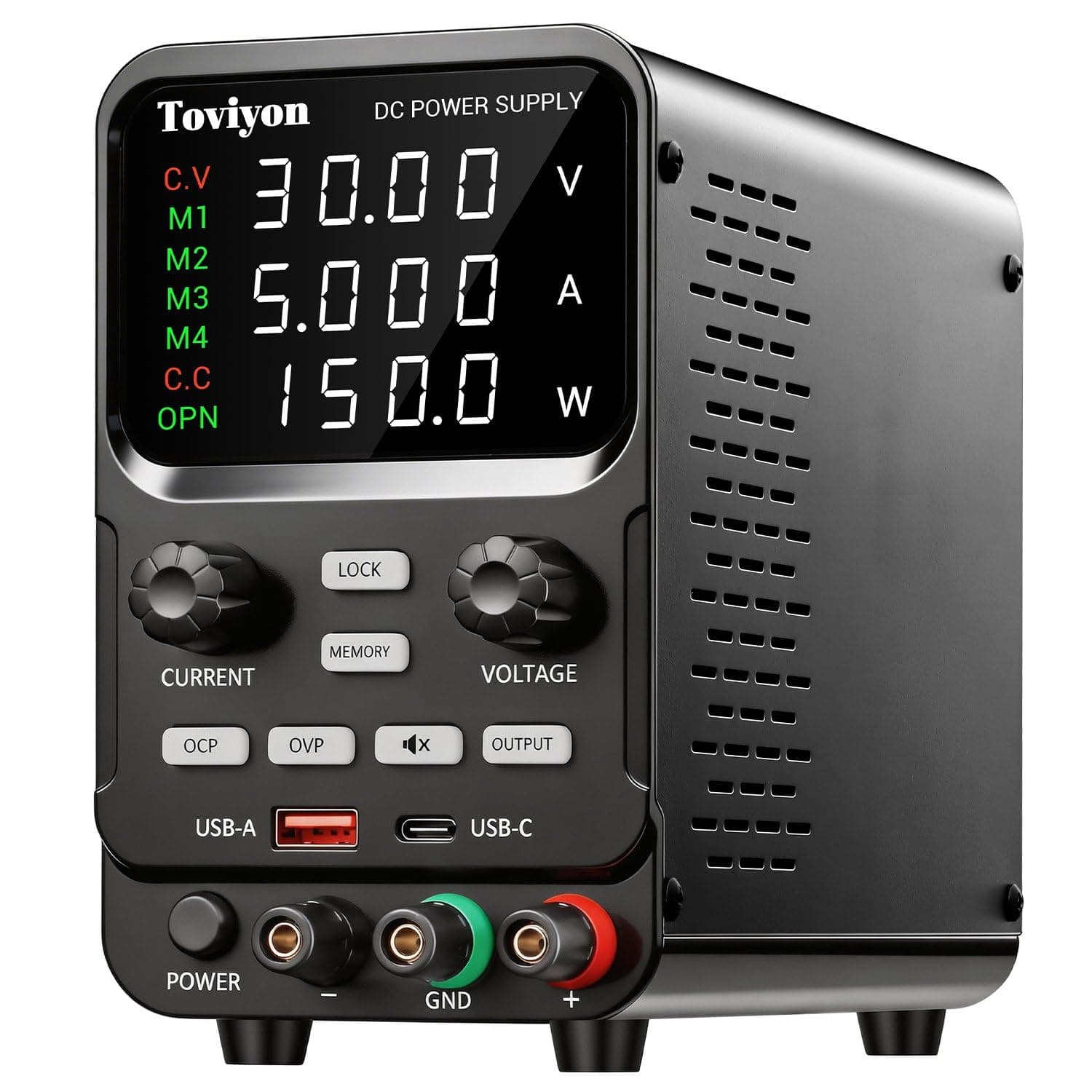 DC Power Supply Variable, 0-30V 0-5A Adjustable Bench Power Supply with Encoder Adjustment, Output Enable Button, 4-Digit LED Display, 4 Groups