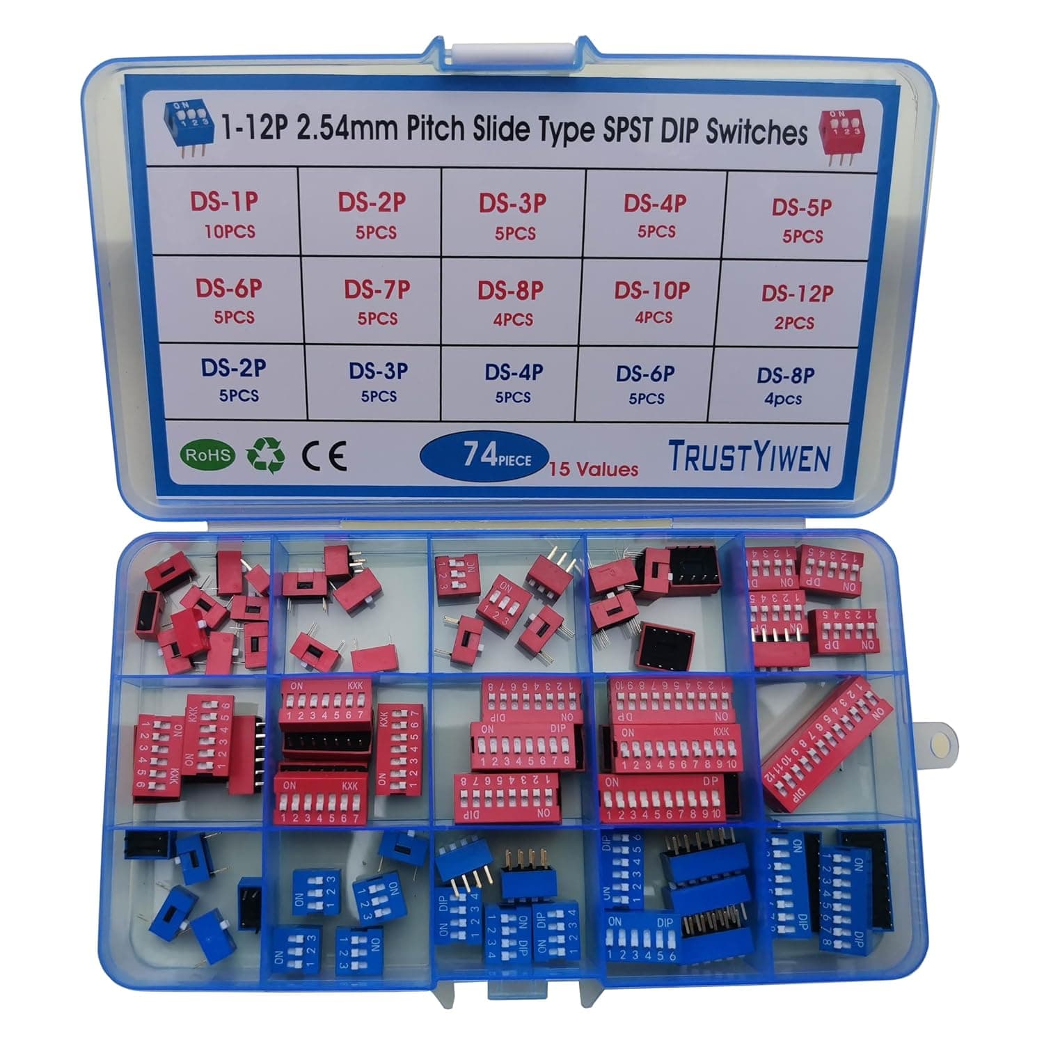 74PCS Red Blue 1-12P 2.54mm Pitch Slide Type SPST DIP Switches Assortment Kit