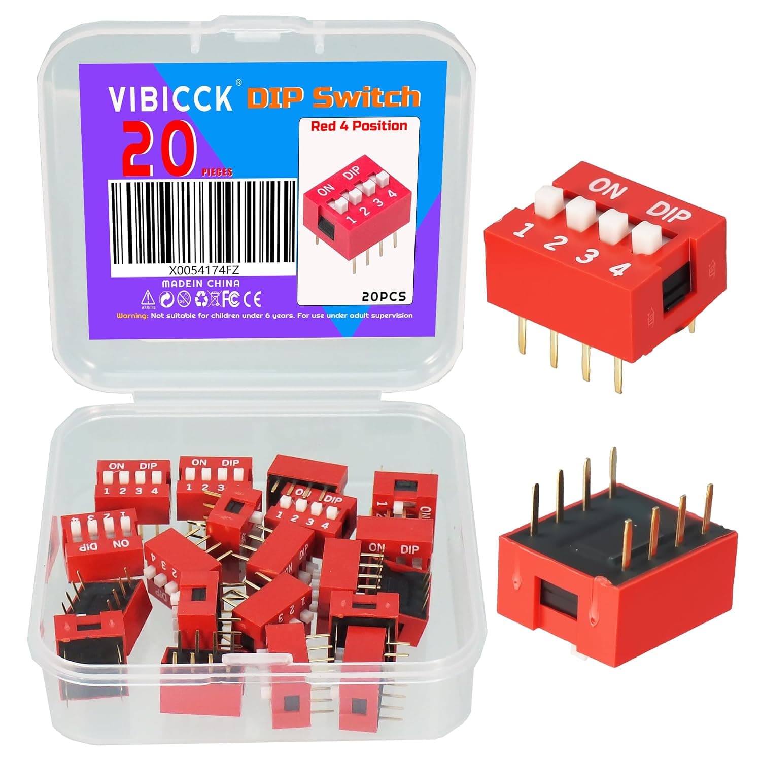 20PCS 4-Bit 4 Position Way DIP Slide Type Switch Module 2.54mm Pitch 8 Terminals Red Toggle Switch(Red 4 Position)