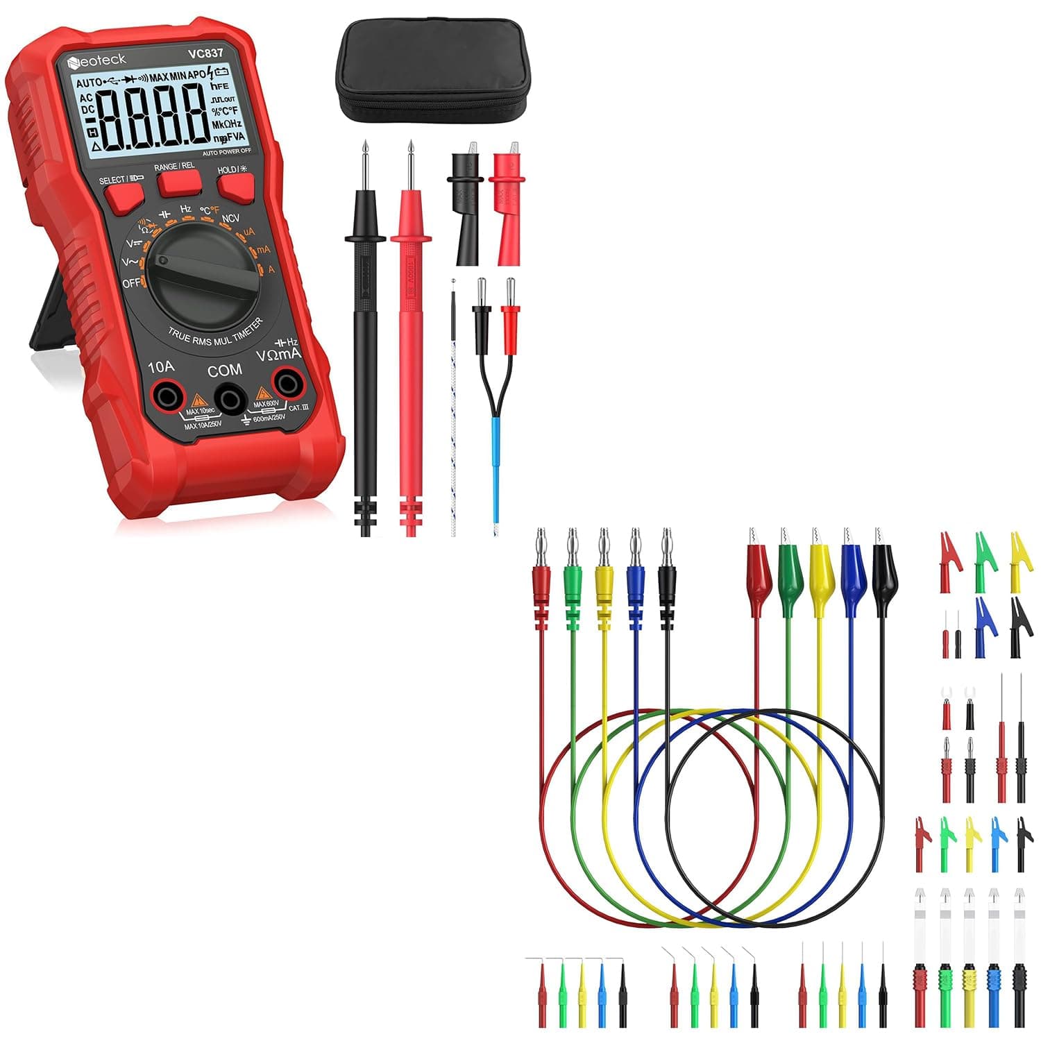 Neoteck Professional Electricial Kit: Digital Multimeter & Test Lead Kit AC/DC Voltage/Current, 6000 Counts, TRMS, Auto-Range, Cap, Freq, Temp, Duty